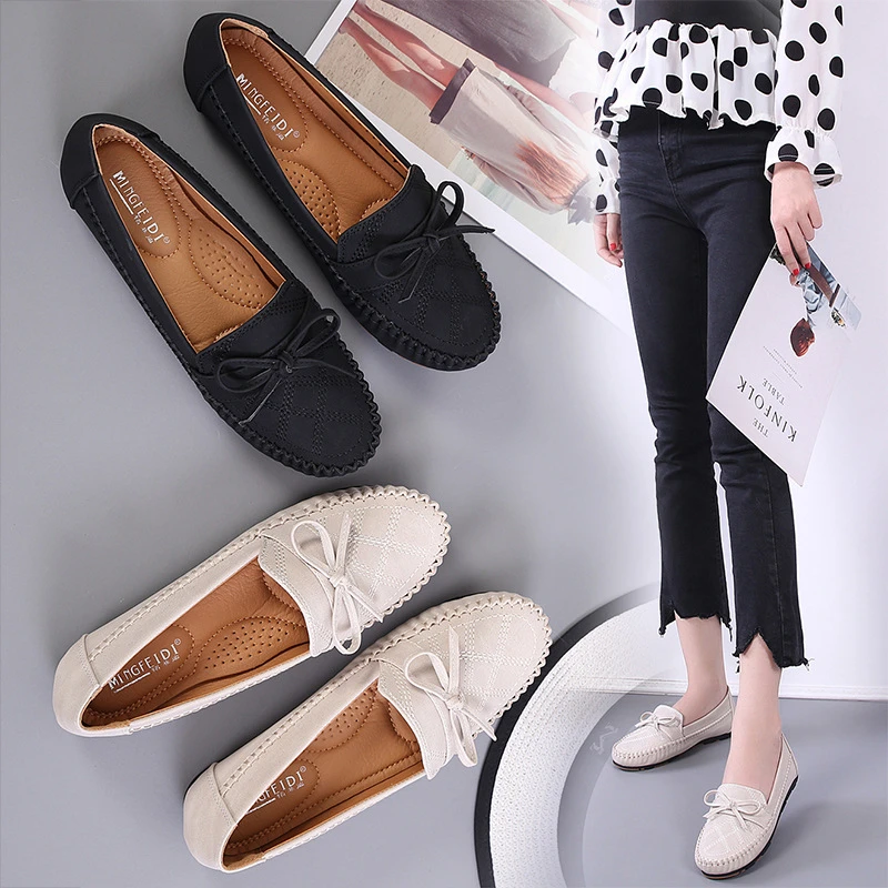 Zapatos planos con nudo de para mujer, alpargatas cortas estilo británico retro con punta redonda cosidas, cómodas y suaves, planos de - AliExpress