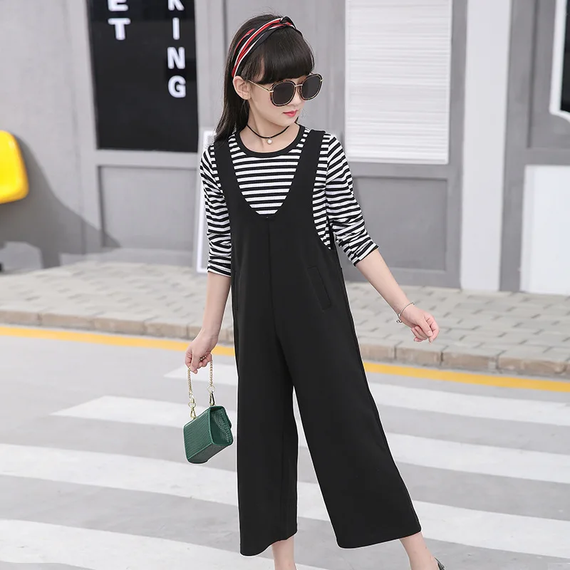 2018 Baby Girl Clothes Set Autumn Long Sleeve Striped Shirt + Wide Leg Jumpsuit Pant 2pcs Back To School Teenager Clothing 11 12 leaf print strappy detail wide leg jumpsuit