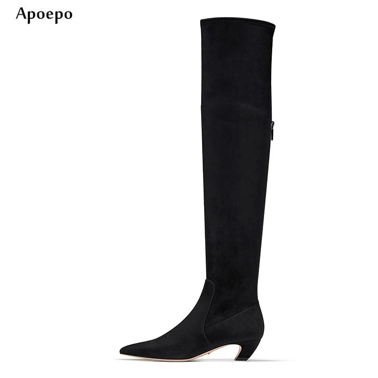 

New Newest Black Stretch Fabric Over the Knee High Heel Boots 2018 Pointed Toe Thick Heels Woman Boot Fashion Thigh high boot