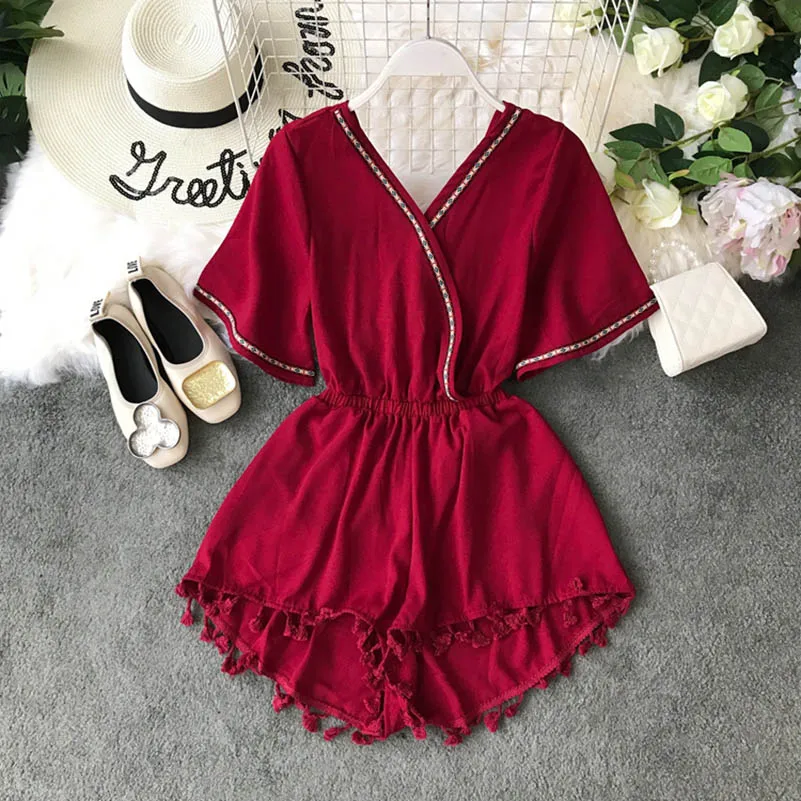 

playsuits for women 2019 Fashion Women Beach Holiday Boho Patchwork Tassel V-Neck Sleeveless Short Pants Tassel Jumpsuit