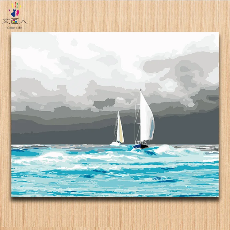 

Yacht boat Blue ocean pictures painting by numbers with colors modren simple canvas numbers paintings for children painting