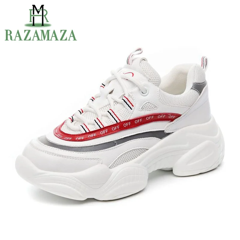 

RAZAMAZA Hot Women Sneakers Breathable Vulcanized Shoes Real Leather Platform Lace Up Casual White Zapatos De Mujer Size 35-39