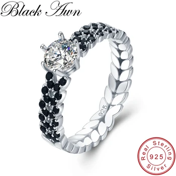 

[BLACK AWN] Vintage 2.1g 925 Sterling Silver Jewelry Black Spinel Leaf Engagement Rings for Women Bijoux Bague C480