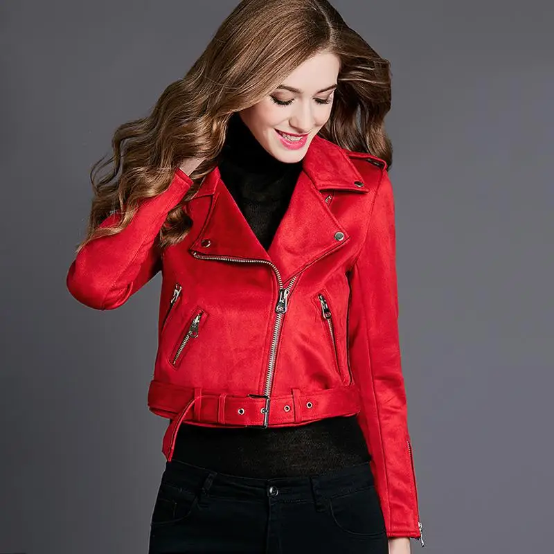 FTLZZ новая искусственная замша Женская мотоциклетные куртки тонкая байкерская куртка из искусственной кожи Куртка Красный панк заклепки молния короткая верхняя одежда - Цвет: Red