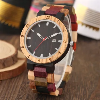 

Charming Quartz Wood Watches Black Red Dial Colorful Strap Wooden Watch for Men Calendar Function Natural Ebony Box часы мужские