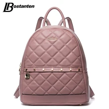 BOSTANTEN Fashion Diamond Lattiice Genuine Leather Backpack Rivet Women Bags Preppy Style Backpack Girls School Bags Back Pack