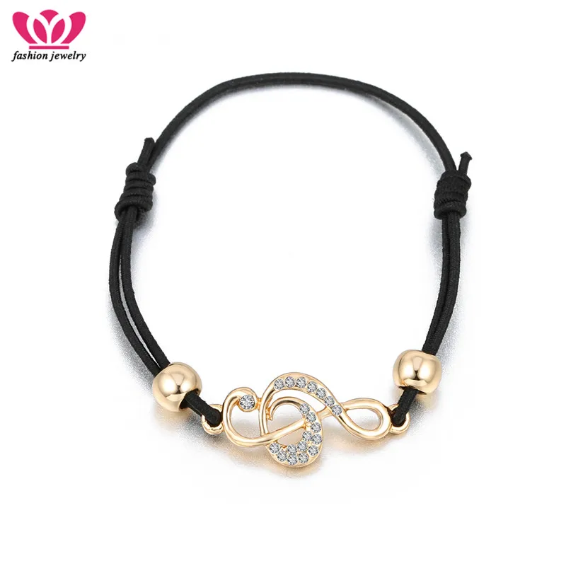 

Cute Music Note Bracelet Gold Crystal Bracelets For Women Simple Stretch Black Rope Charm Bracelets pulseras mujer moda 2019 New