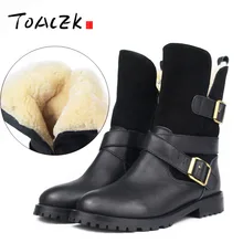 Leather outdoor mid-tube snow boots women's winter fur One belt buckle Martin Boots head layer cowhide warm boots cowhide wool and fur in one boots snow boots