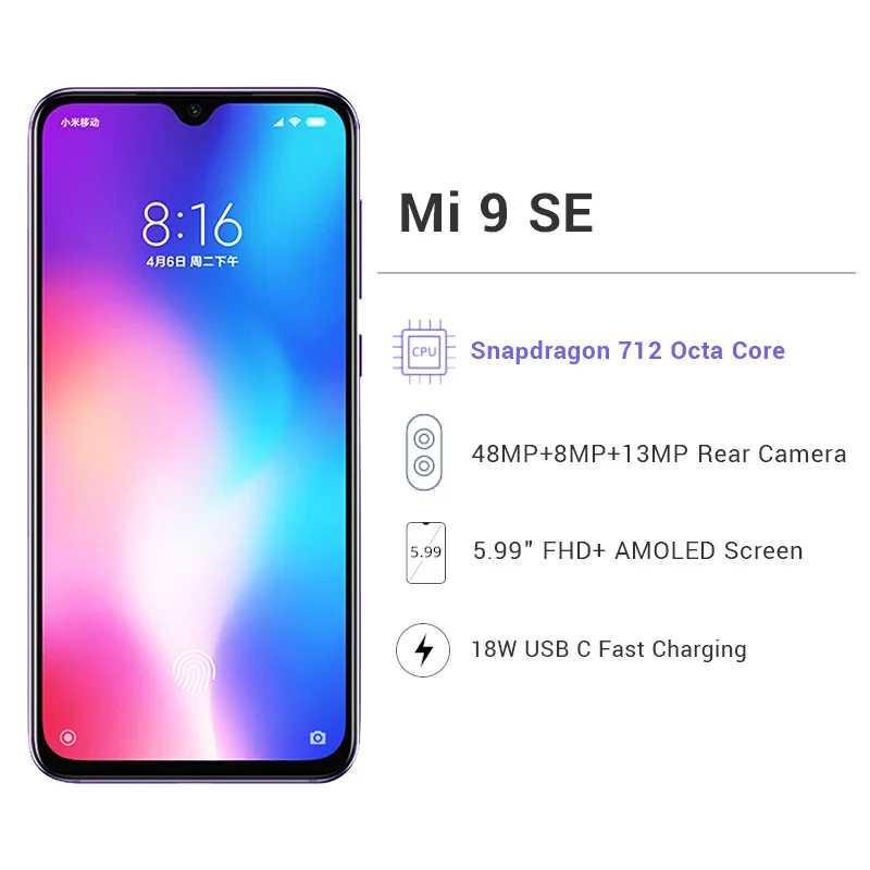 Мобильный телефон с глобальной ПЗУ Xiaomi mi 9 SE, 6 ГБ, 128 ГБ, 5,97 дюймов, AMOLED экран, mi 9 SE, Восьмиядерный процессор Snapdragon 712, 48мп, тройная камера