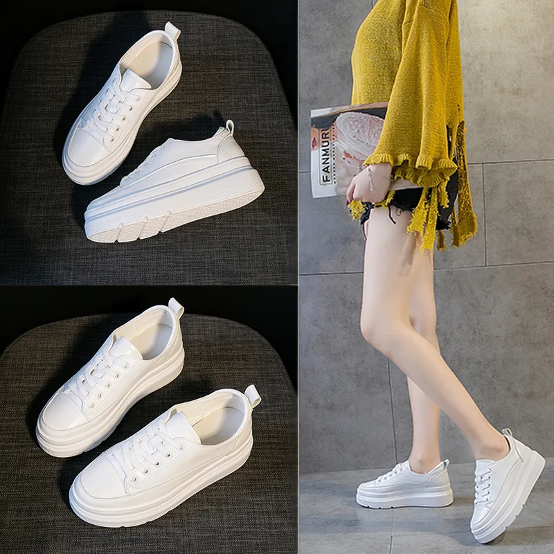 

2019 new top layer cowhide thick white women's shoes increased Korean version of wild breathable platform shoes.