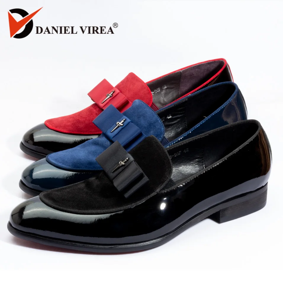 2018 summer autumn luxe Genuine Patent Leather men Shoes slip on Bow