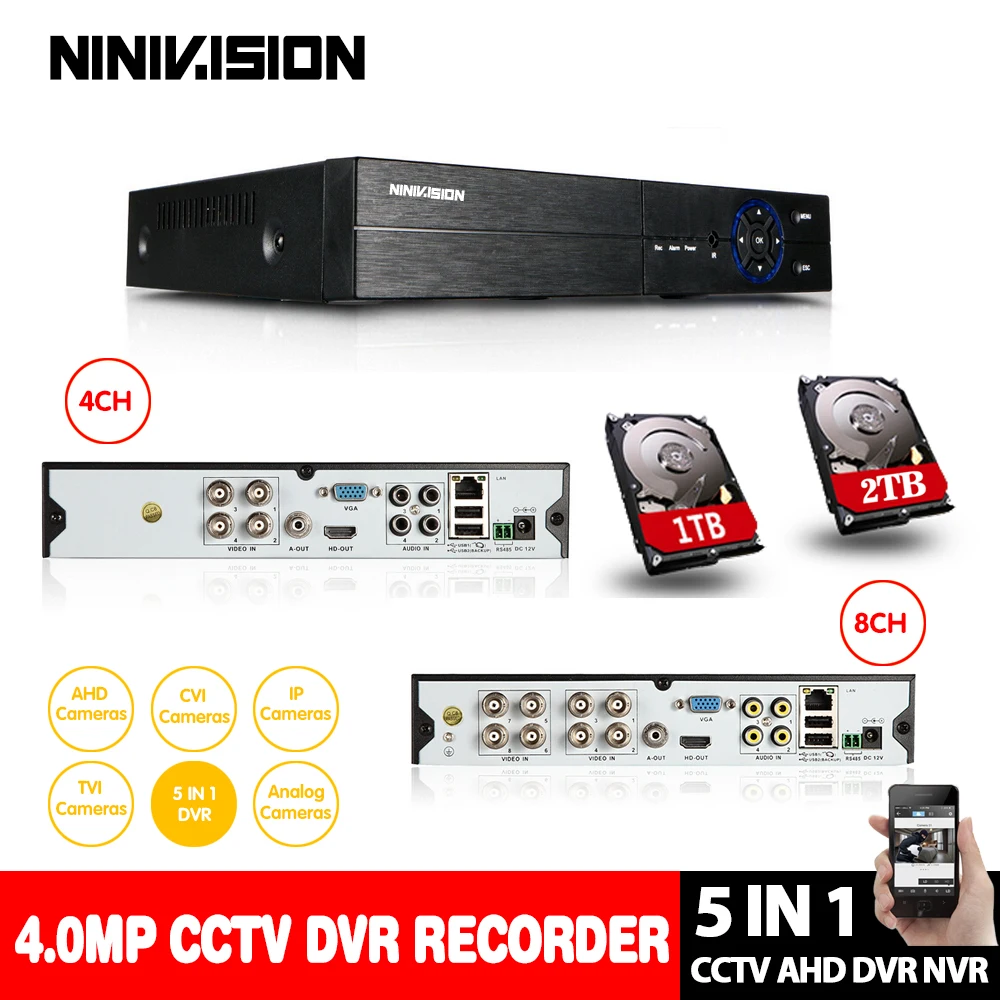 

NINIVISION 4CH 8CH 4MP AHD DVR NVR CCTV 1080P 3MP 5MP Hybrid Security DVR Recorder Camera Onvif Control P2P Cloud Mobile view
