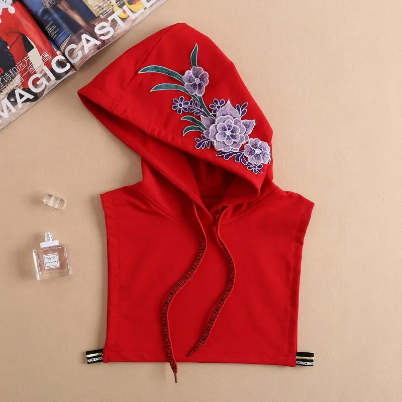 

2018 Casual Sweatshirts Hooded Flower Embroider Women Decor Fake Collar Lady Sport Detachable Collar Female Tie top