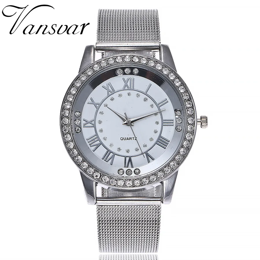 

Vansvar Brand Women Rose Gold & Silver Mesh Wristwatches Fashion Casual Women Rhinestone Watch Gift Clock Relogio Feminino Hot