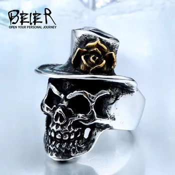 

BEIER New Store 316L Stainless Steel Man Skull With Gold Rose Flower Hat Ring Biker Jewelry Drop shipping BR8-418