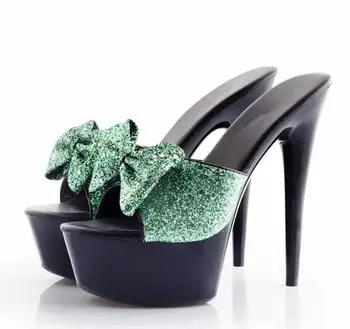 

BONJEAN 15cm Super High Woman Platform Sandals Summer Sexy Glitter Bowknot High Heels Slides Cutouts Party Wedding Shoes Black