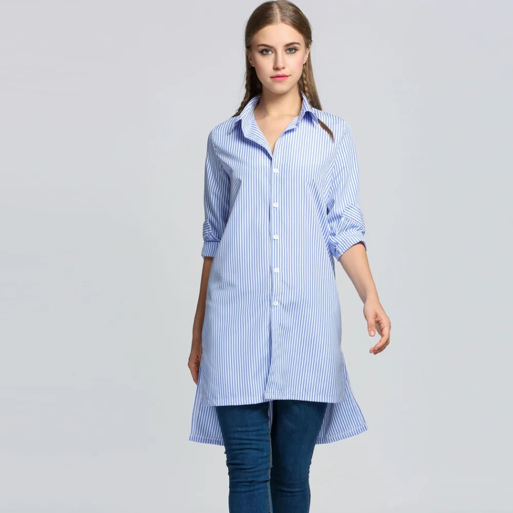 Long Sleeve Striped Asymmetrical Hem Button Down Shirt Dress Fashion