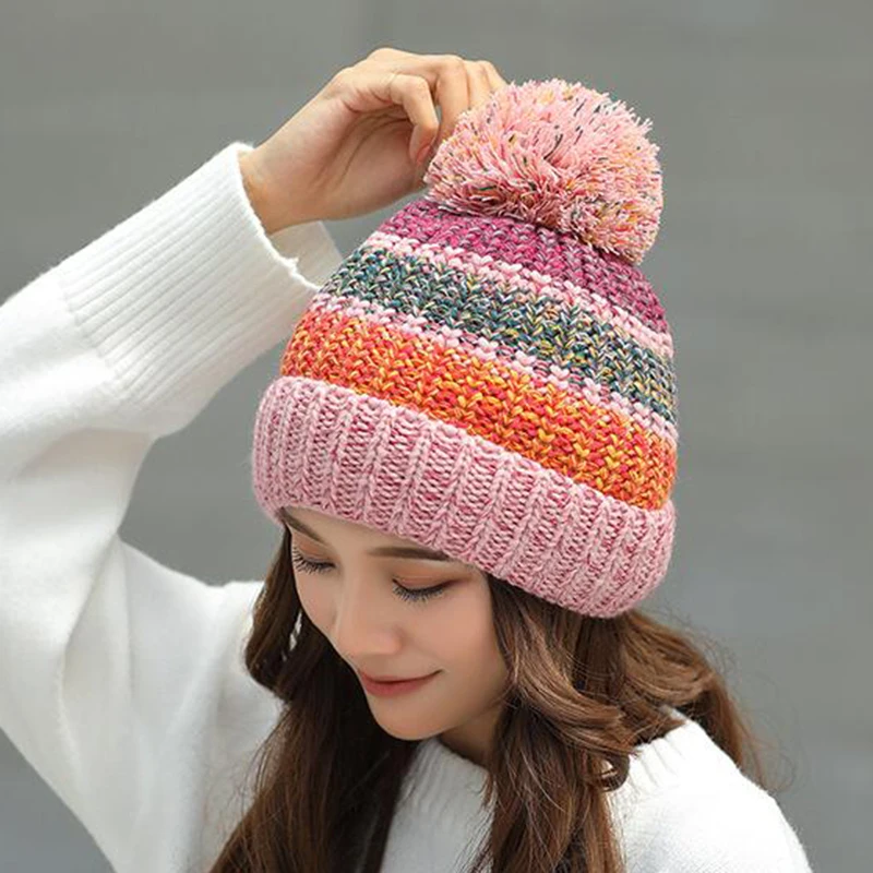 Новая зимняя женская шапка, лыжная женская шапка, разноцветная шерстяная вязаная шапка с помпонами, женская теплая шапка Skullies Beanies