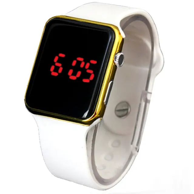 Square Mirror Face Silicone Band Digital Watches Red LED Watch Metal