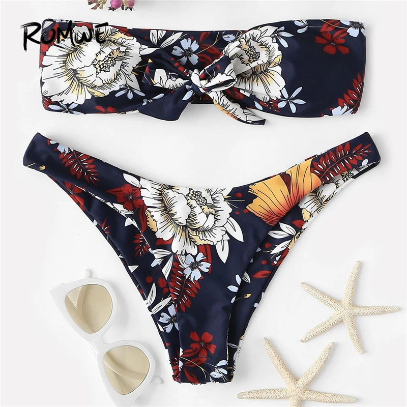 

Romwe Sport Multicolor Bikinis Set Floral Knot Front Bandeau With High Leg Bottoms Swimsuit Women Summer Sexy Wire Free Swimwear
