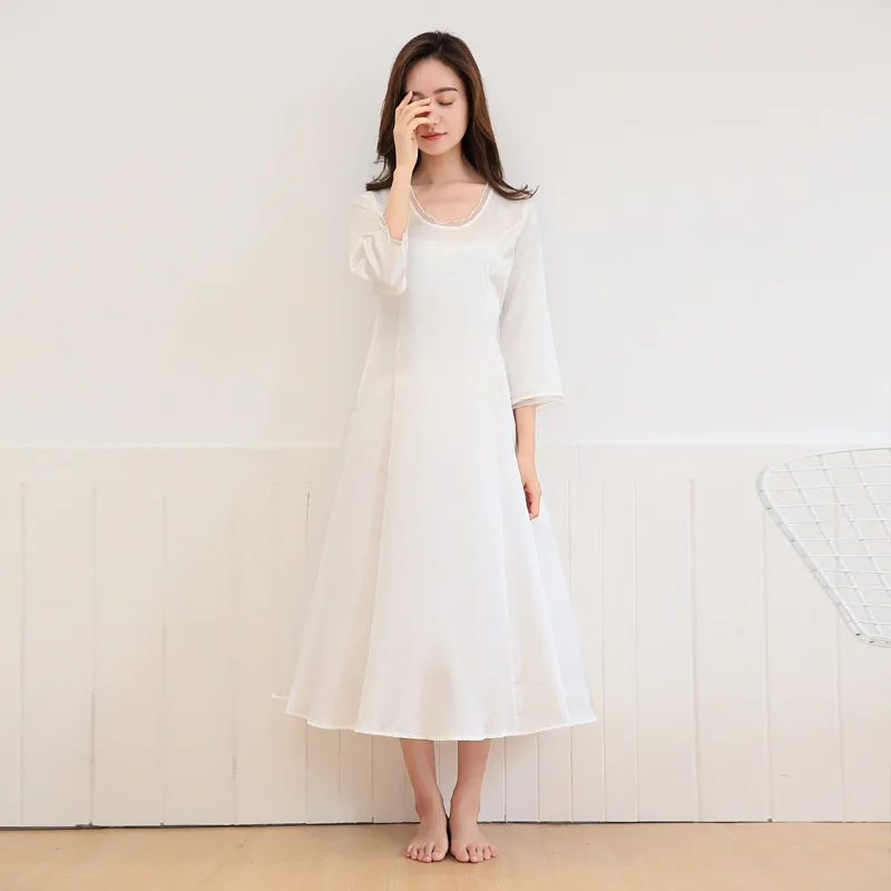 White Nightgown Long Silk Night Dress Satin Nightwear Three Quarter