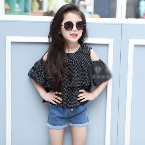 

Baby Kids Girls Dots Chiffon Off Shoulder Tops Party Ruffled T-shirts 2-7Y