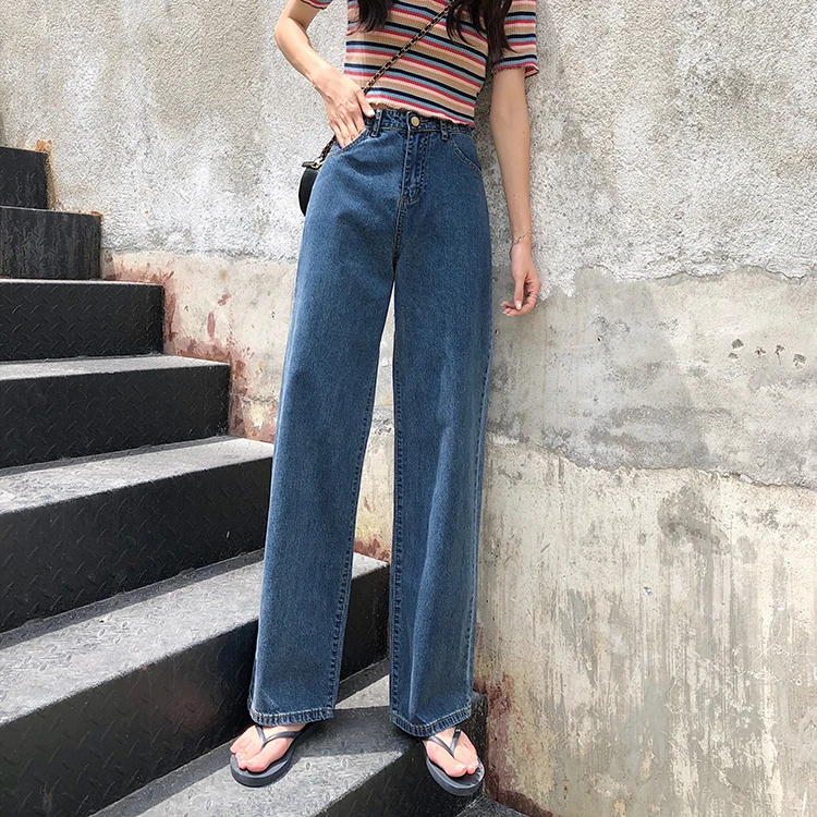 

Dark Blue Female Students Autumn Straight Denim Trousers High Waist Women Wide Leg Pants Office Lady Elegant Full Length Jeans