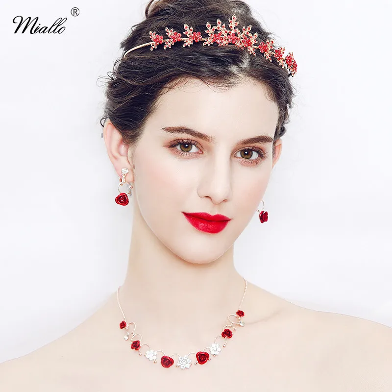 

Miallo Christmas Red Rose Crystal Jewelry Sets Queen Tiaras and Crowns Wedding Necklace Earrings Set Bridal Accessories