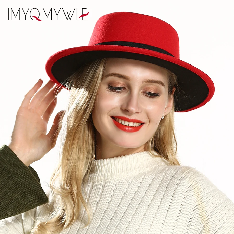 Red Black Fedora Hat for Woman Felt Church Hats Women Female Elegant