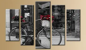 

5 Piece Unframed White And Black Bicycle Nostalgic Landscape Cancas Painting Wall Art For Living Room Home Decor