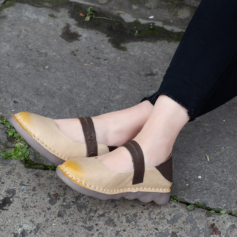

Women Leather Flats Beige Ankle Strap Shoes Spring Mary Jane Flats Soft Bottom Handmade Genuine Leather Women Flats Low Heels