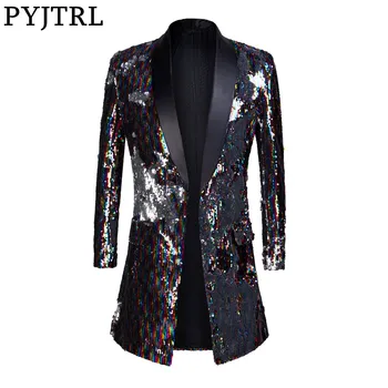 

PYJTRL Male Fashion Shawl Lapel Double-sided Colorful Sequins Long Suits Jacket Blazer Masculino Slim Fit Men DJ Singer Costume