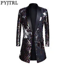 PYJTRL мужской модный двусторонний пиджак с отложным воротником и яркими блестками, длинный пиджак, Блейзер, Мужской приталенный костюм для DJ Singer