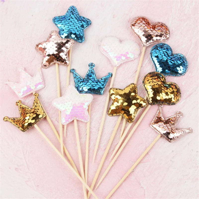 

Star Crown Heart Sequined Leather Happy Birthday Cake Topper For Birthday Party Cupcake Decoration Flag Baby Shower