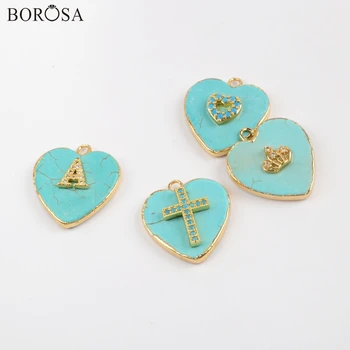 

BOROSA 10PCS Gild Heart Blue Howlite Pendant With Cross Crown Multi-kind Rainbow Zircon Charm Pendant for Necklace Jewelry G1801
