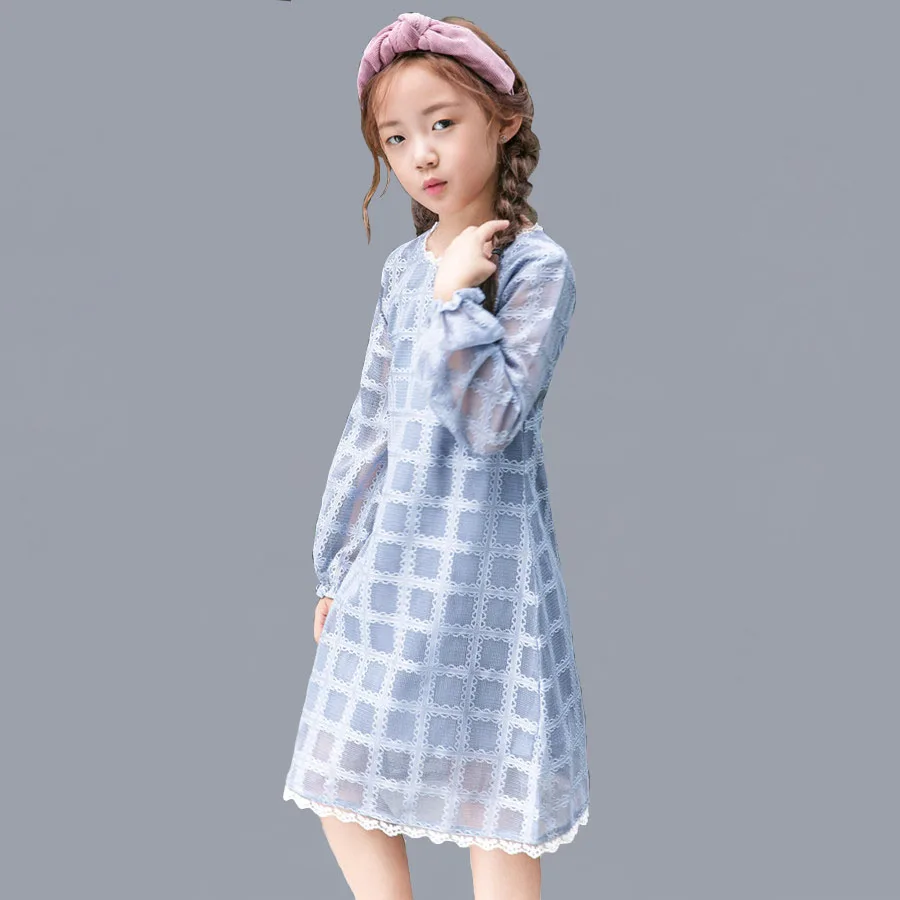 

Summer Girls Dress Long Sleeve Beautiful Plaid Elegant Dresses For Girls Fashion Kids Clothes European Gray Children Dresses New