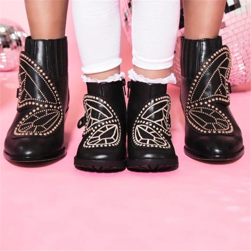 

Black Real Leather Ankle Boots Women Pointed Toe Butterfly Rivet High Heel Shoes Fashion Martin Boots Shoes Women tenis feminino