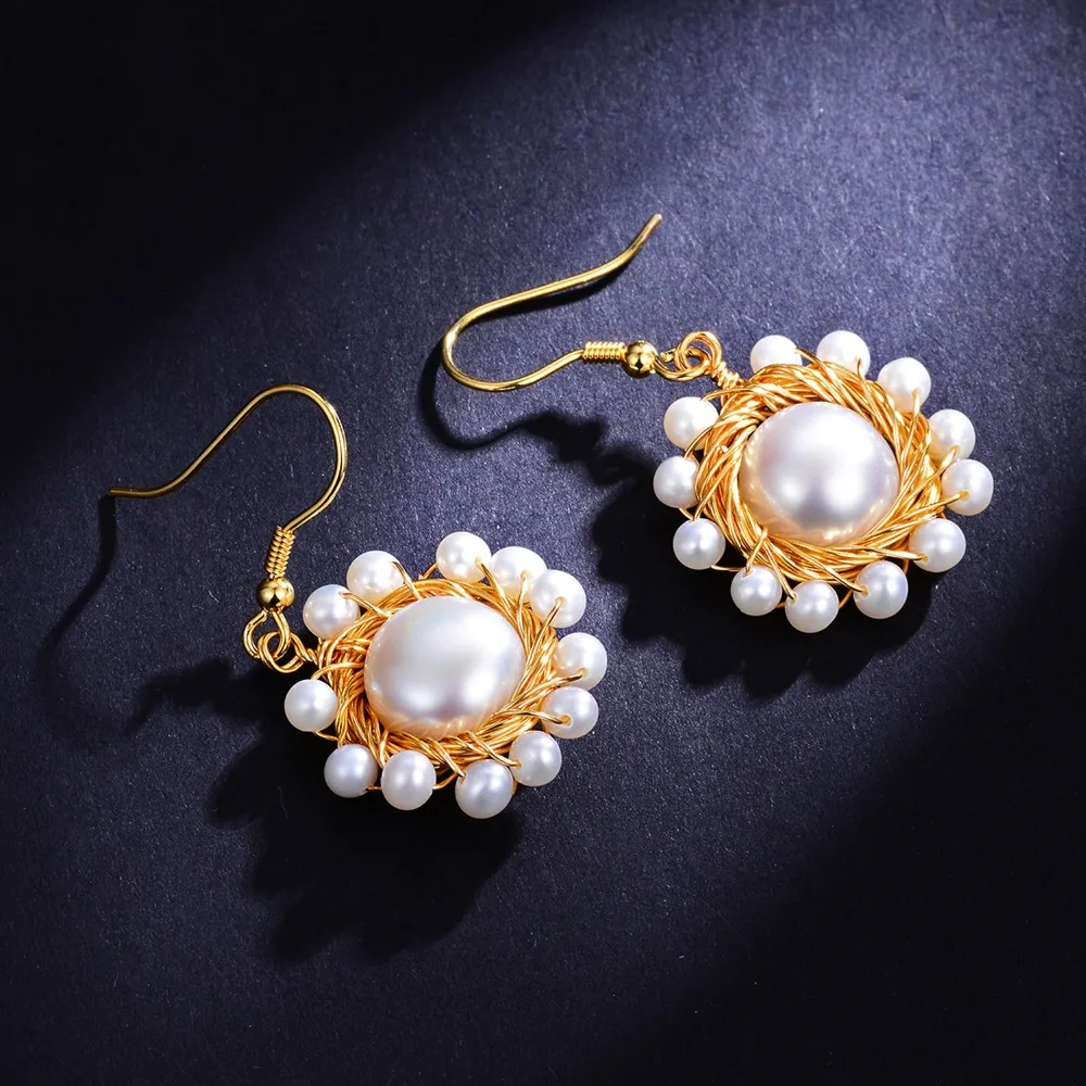 

Hongye 2018 Natural Freshwater Pearl Drop Earrings Vintage 925 Sterling Silver Earrings 18K Gold Hook Earring Handmade Jewelry