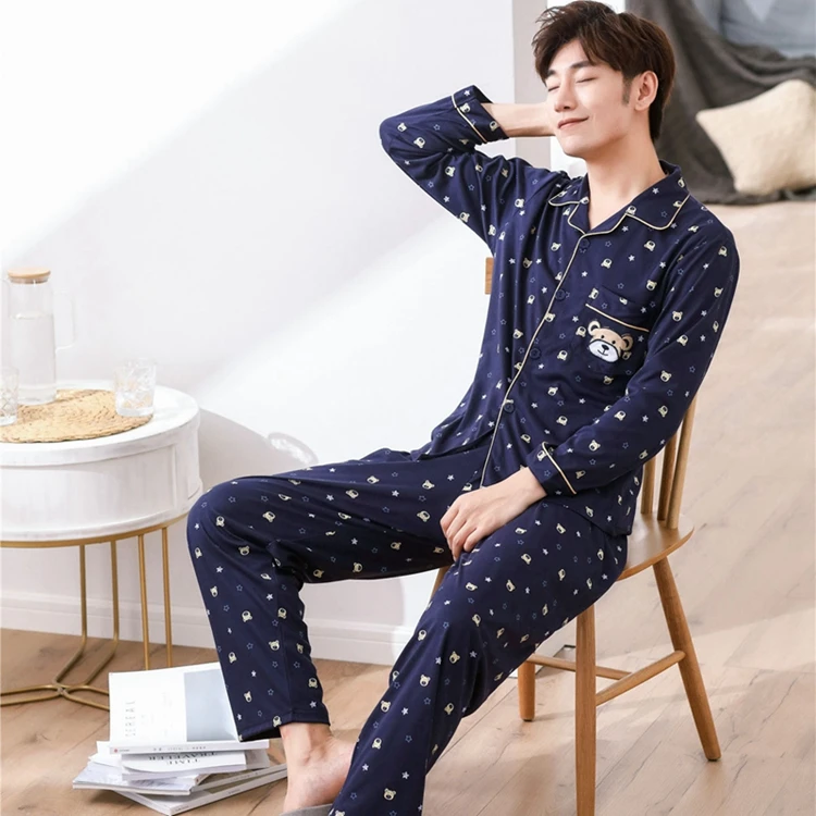 Хлопок Повседневное пижамы наборы для Для мужчин 2018 осень-зима с длинным рукавом мягкая удобная Пижама Мужская домашняя одежда Lounge одежда