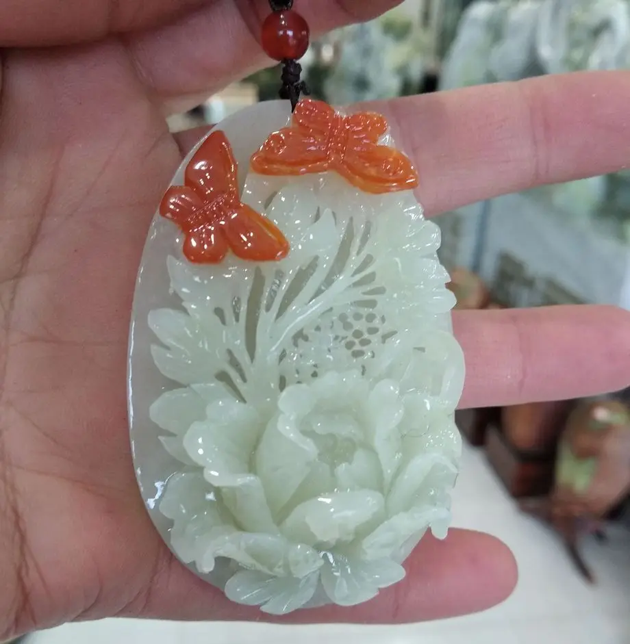 Натуральный изысканный Шаньдун сюянь нефрит ручной резной Jadite цветок бабочка подвеска, Амулет ожерелье