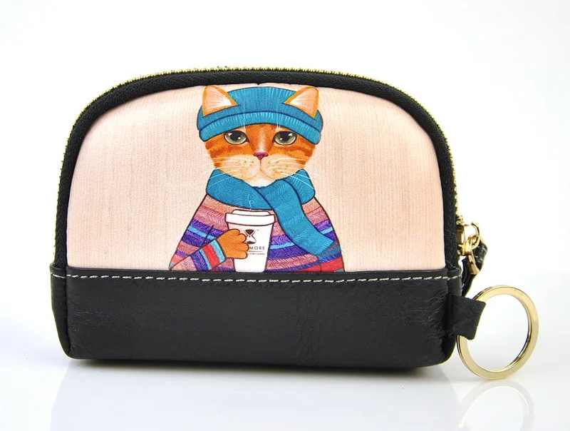 Женский кожаный милый кошелек на молнии с монетницей, модный кошелек с рисунком кота на запястье, мелкие деньги, сумка для девушек, брелок для ключей, женский подарок - Цвет: Scarf Cat
