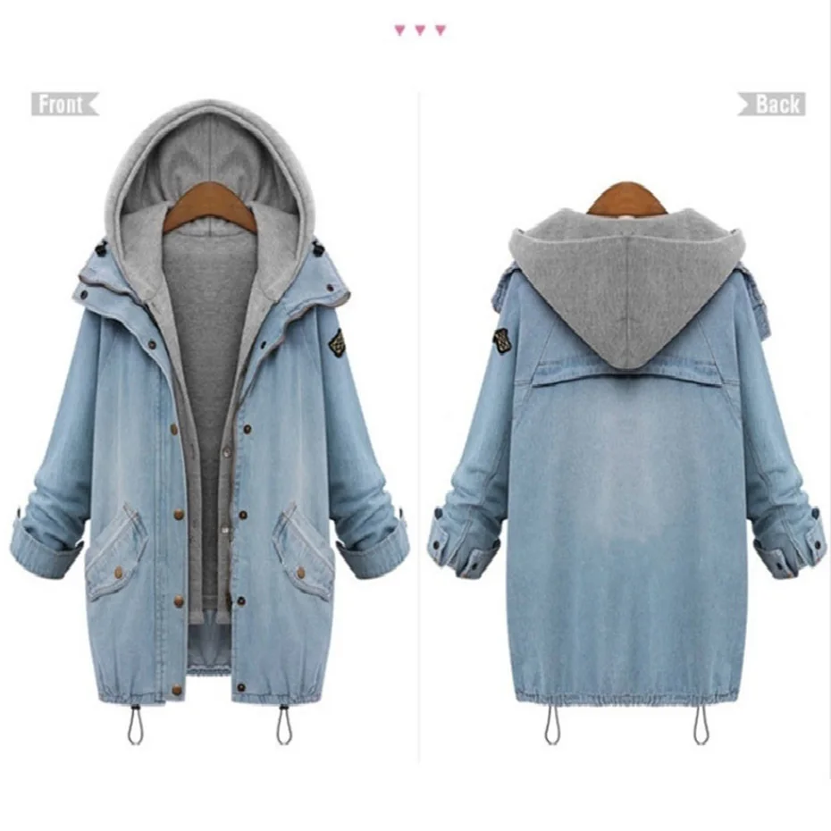 Outwear Nouvelle Manteau Longues Sweat Veste Manches 2 Taille Plus À Coton Costume Femmes Pièce Capuche Denim La Casual Bleu Hiver pwxfEf68q