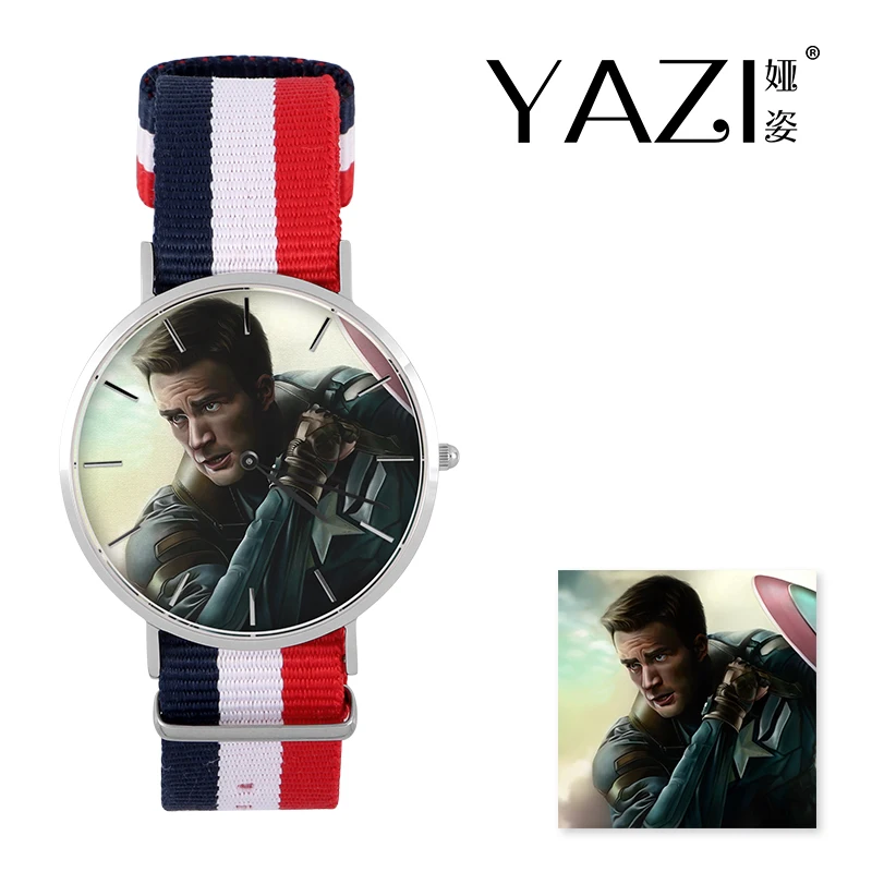 YAZI персональные наручные часы Капитан Америка кварцевые часы нейлоновая лента из нержавеющей стали корпус водостойкие часы память подарок