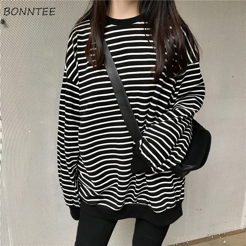 

Hoodies Women 2019 Retro Trendy Loose Striped Long Style Leisure Womens Pullover O-neck Full Sleeve Korean Ladies Sweatshirts
