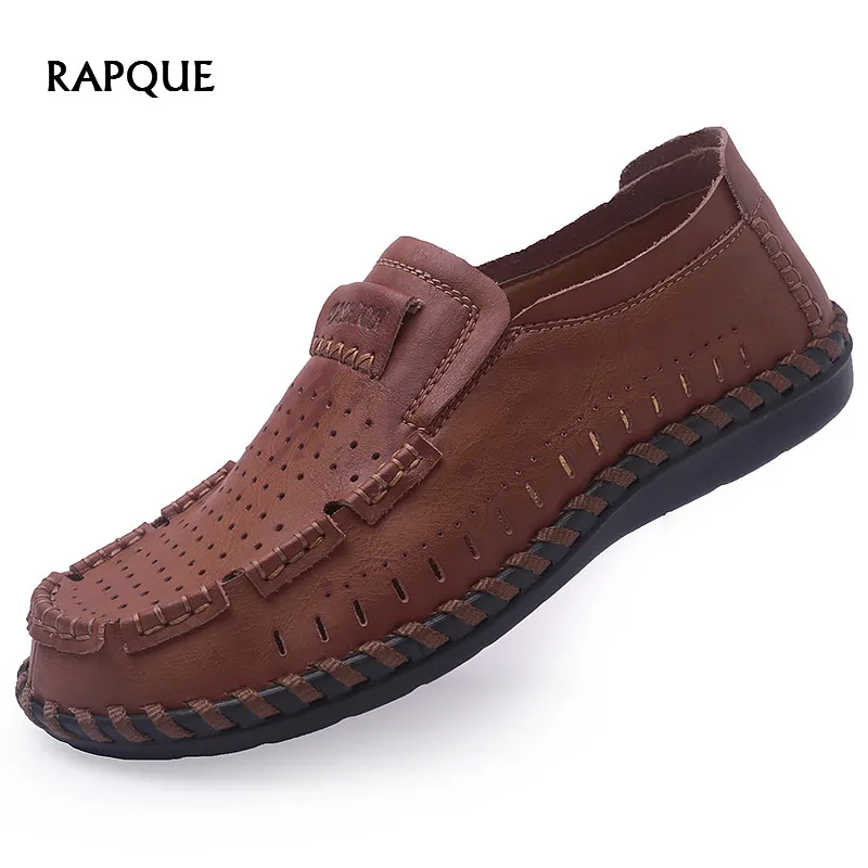 

Handmade leather shoes men size 48 mesh Holes breathable casual shoes men outdoor flat mans footwear walking comfortable brown