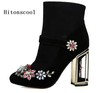 

2019 Luxury Winter Autumn Women Black Flowers Rhinestones Ankle Boots Mujer High Heel Designer Shoes zapatos de mujer