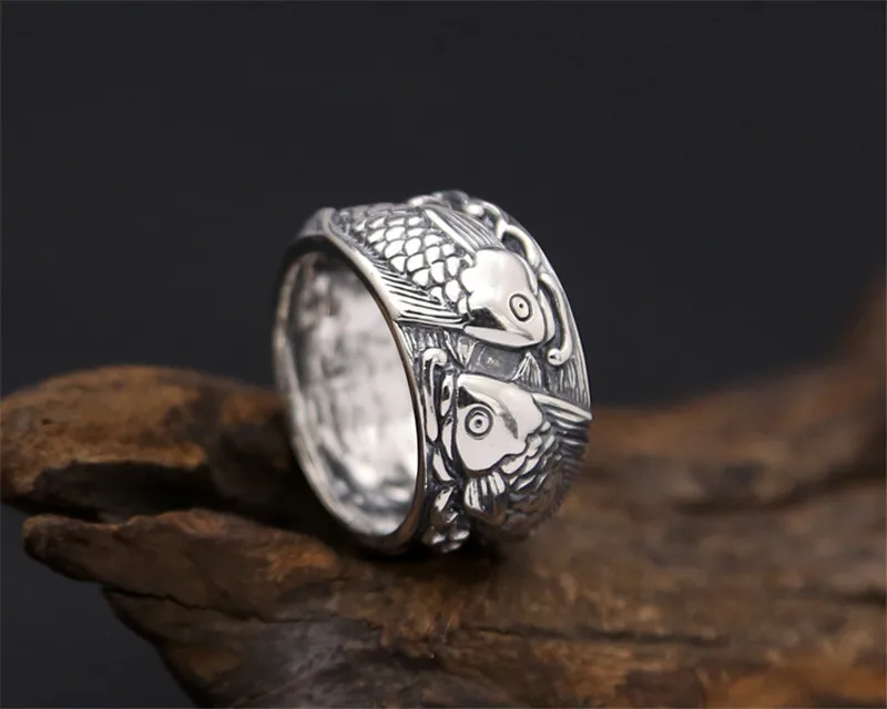 Цельное тонкое серебро 925, двойная Рыбка, широкая полоса, мужские кольца, винтажное античное серебро 925 пробы, мужские ювелирные изделия, простые кольца в китайском стиле