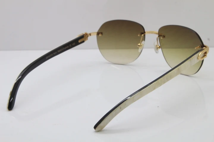 Cartier Rimless 8300729 Black Mix White Buffalo Horn Sunglasses In Gold Brown Lens (8)