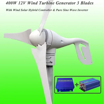 

Great Discount 3 Blades 400W 12V Wind Turbine Generator With Wind Solar Hybrid Controller & 1KW Pure Sine Wave Inverter