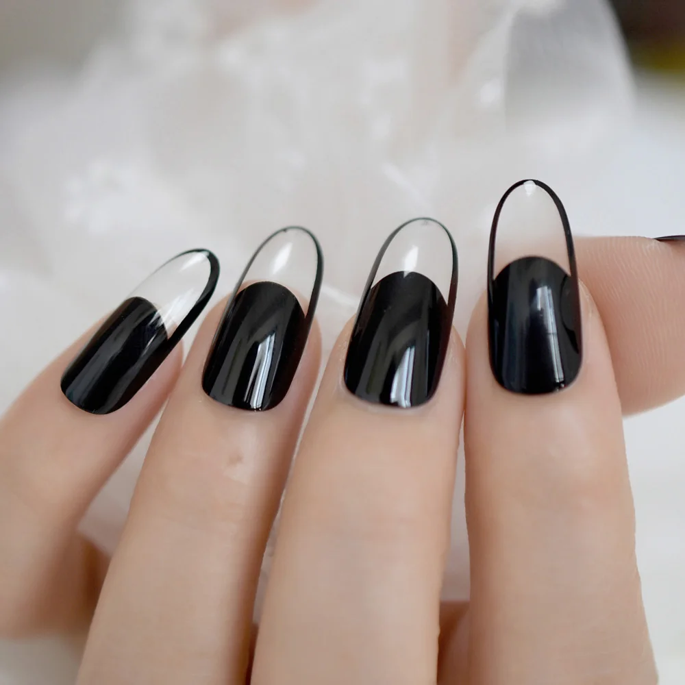 Черные прозрачные французские кончики, Длинные овальные круглые накладные акриловые ногти, накладные ногти
